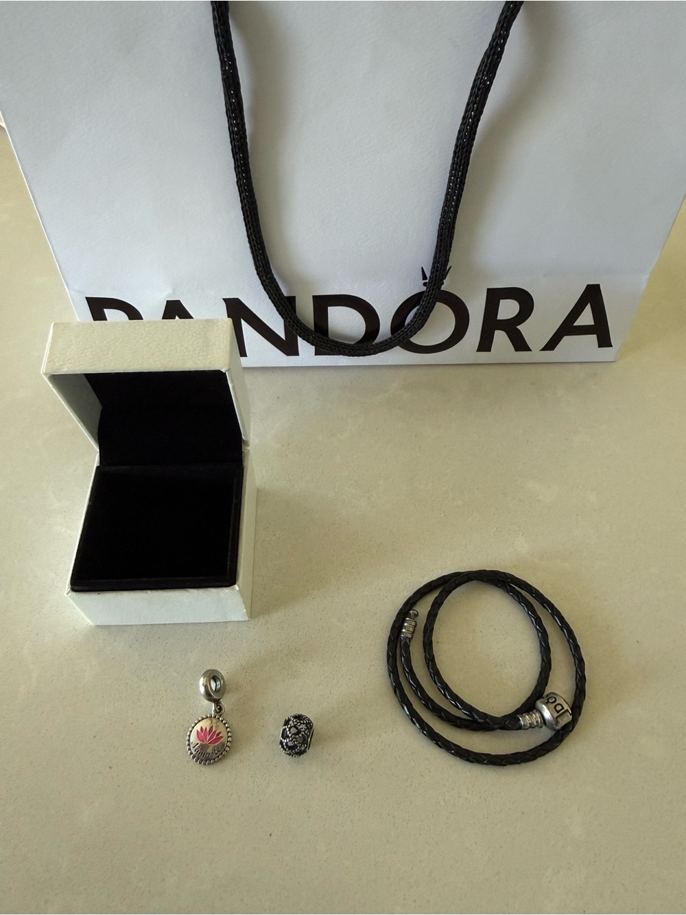Pandora Black Leather Wrap Bracelet with Silver Charms and Pink Enamel Charm